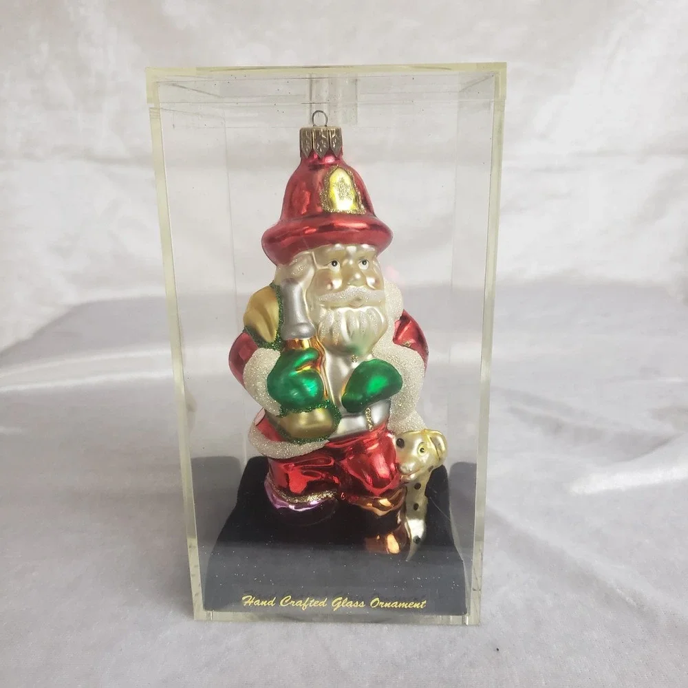 Blown Glass‎ Santa Fireman Dalmatian Ornament Handcrafted In Acrylic Case 5